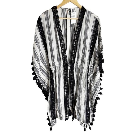 Soluna Swim Black White Striped Tassel Trim Kimono Beach Coverup Size Large - Picture 2 of 9